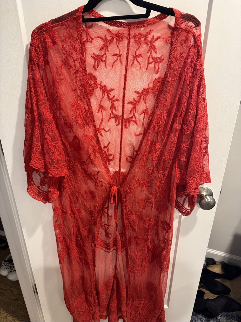Sheer Floral Lace Kimono Robe - Red